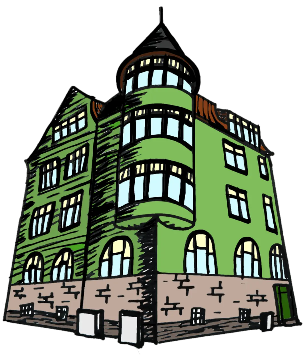 Illustration des grünen Hauses mit Türmchen